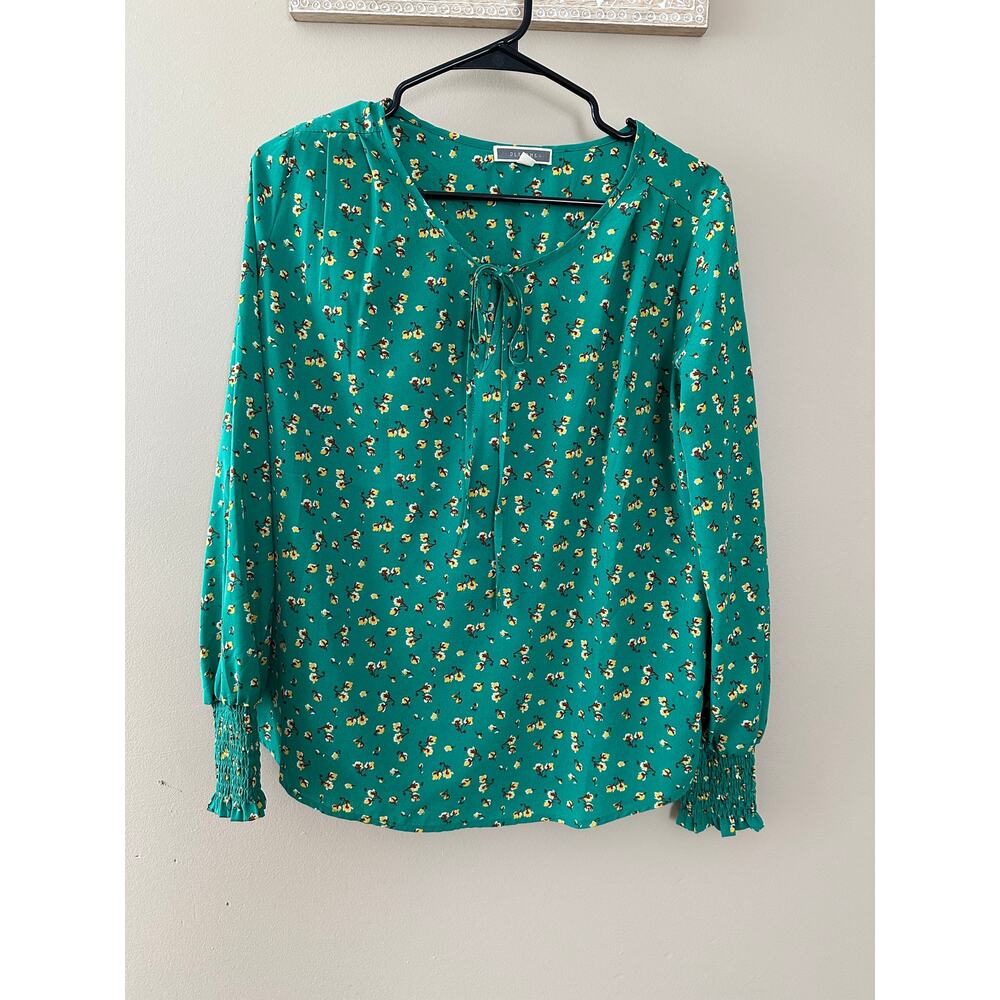 Pleione Green Floral Tie-Neck Blouse